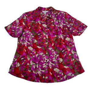 Allison Daley Shirt Pink Red Floral Short Sleeve Button Up Collard Women's Top